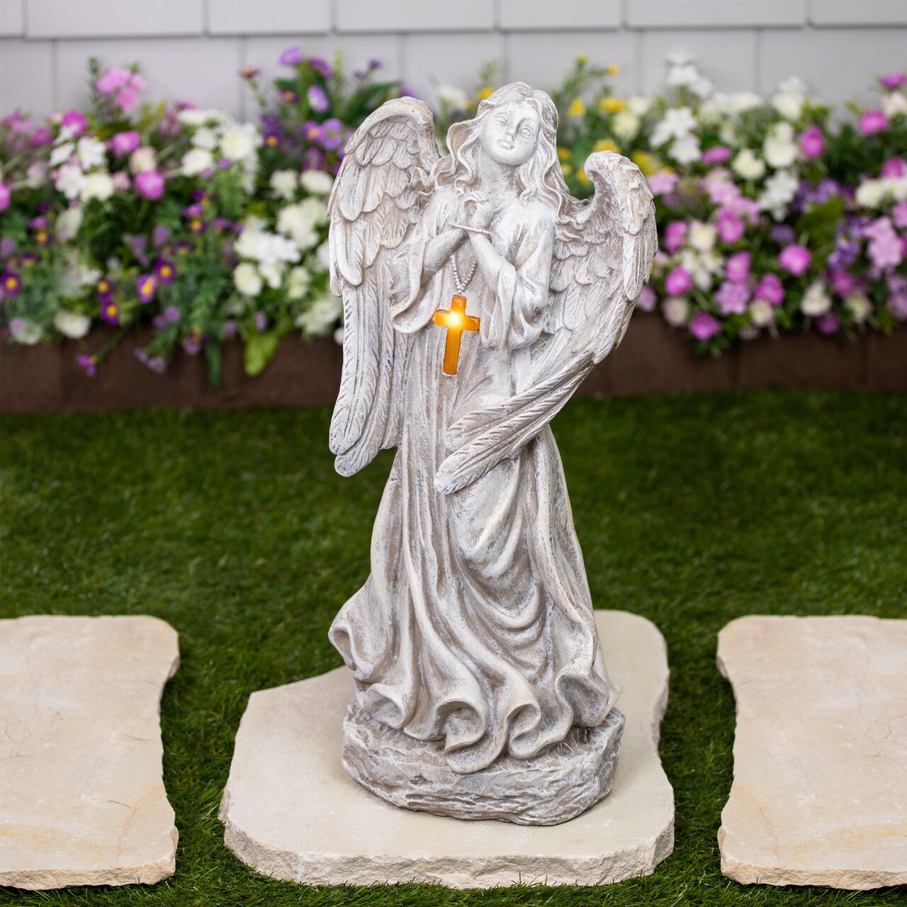 Northlight LED Solar Lighted Angel with Cross Garden Statue - 19"